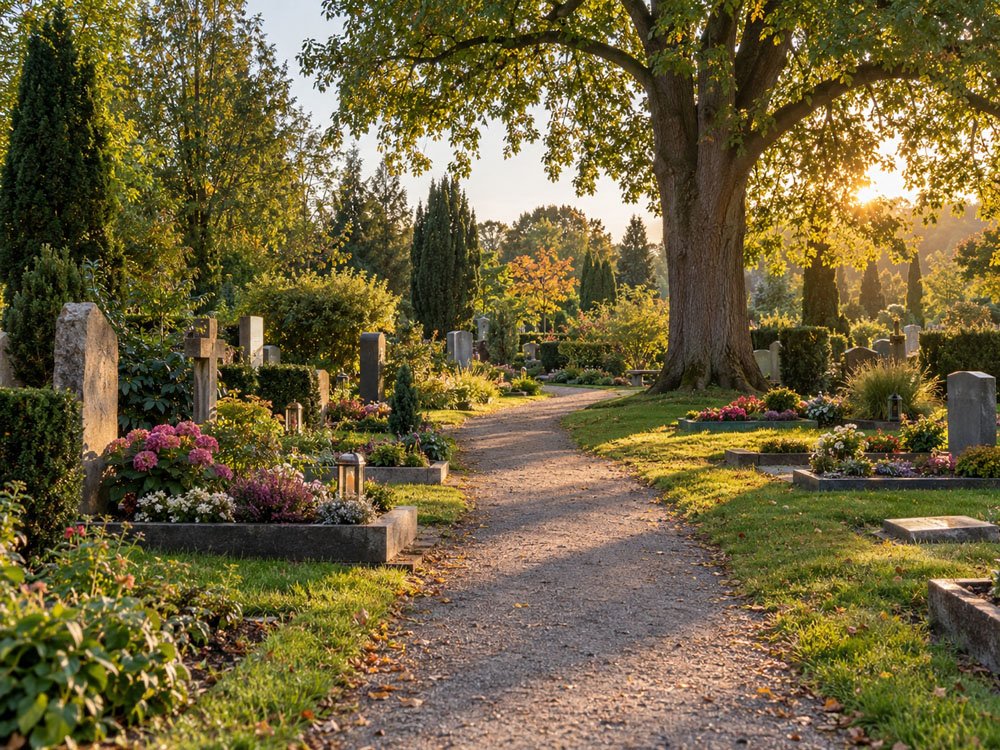Friedvoller Friedhofsweg im Abendlicht mit gepflegten Gr&auml;bern und B&auml;umen
