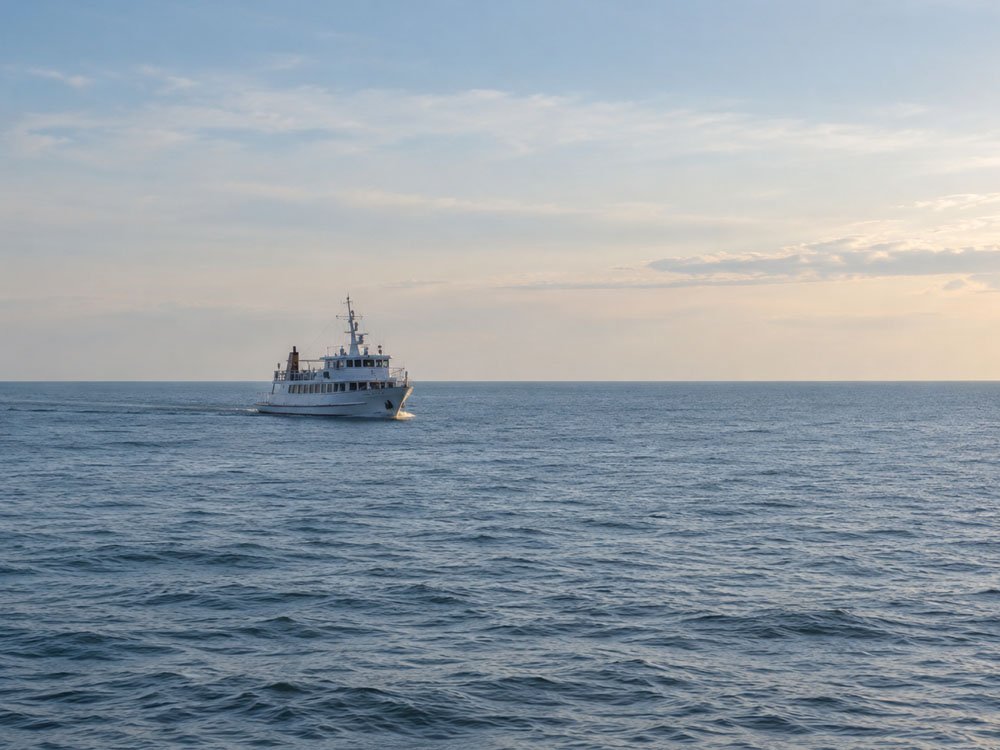 Seebestattung auf hoher See – Müther-Bestattungen Weißes Schiff auf ruhiger See für eine würdevolle Seebestattung
